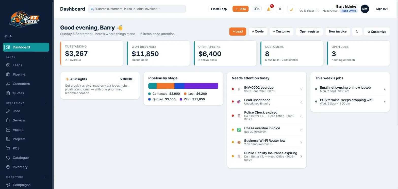 The Do It Better platform dashboard — outstanding and won revenue, open pipeline, customers, open jobs, pipeline by stage and today's attention list. Shown with fictional demo data.