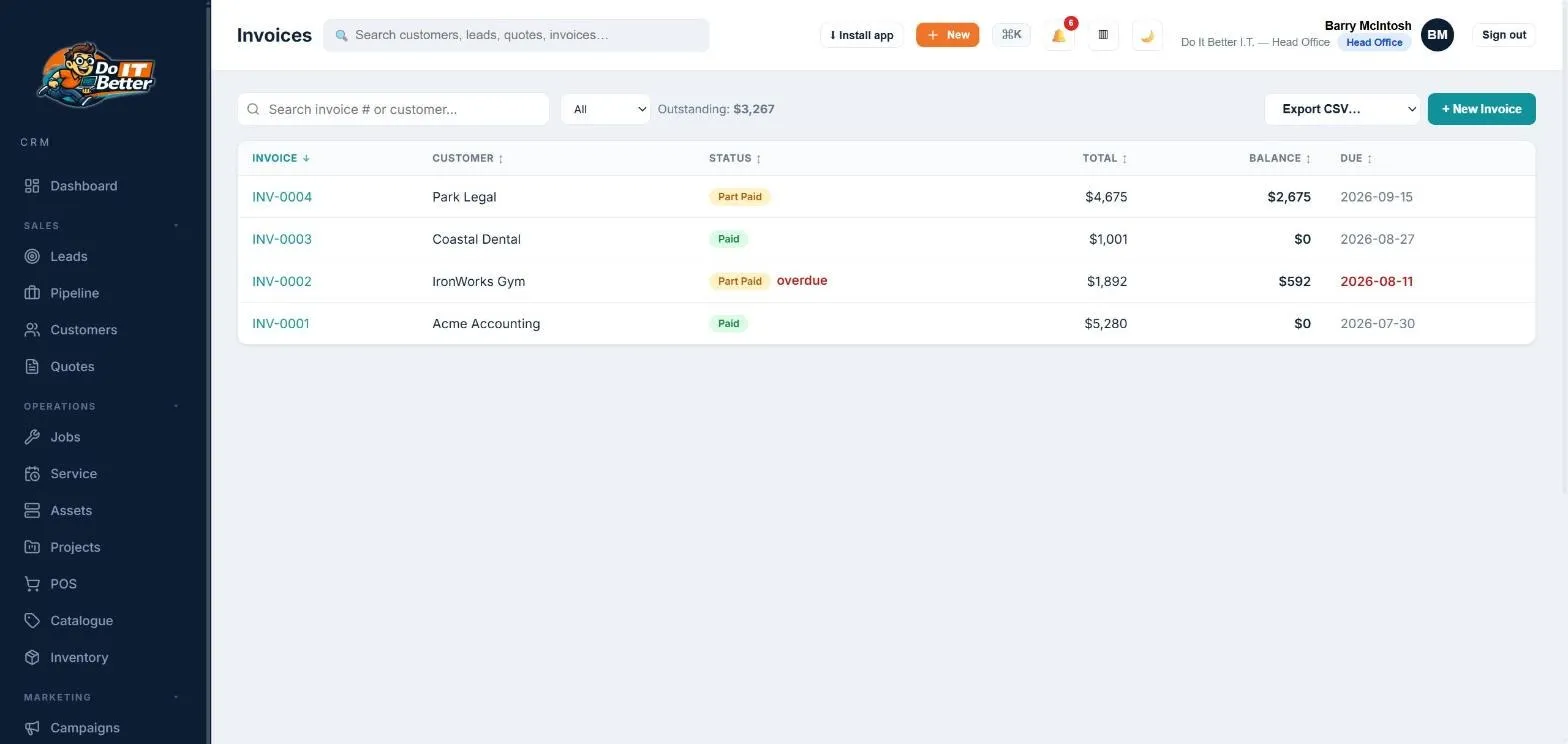 Do It Better platform — invoicing screen, shown with fictional demo data.
