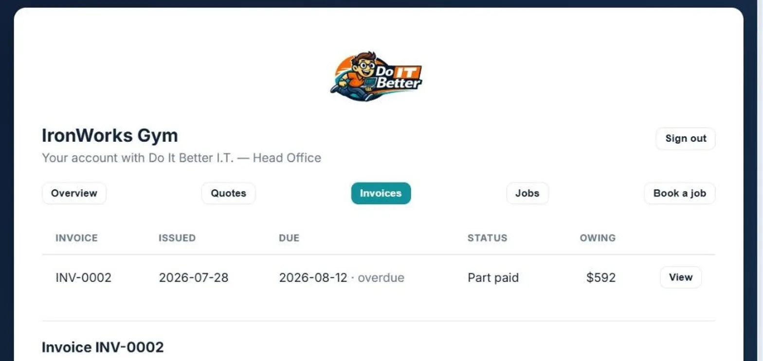 Do It Better platform — customer portal screen, shown with fictional demo data.