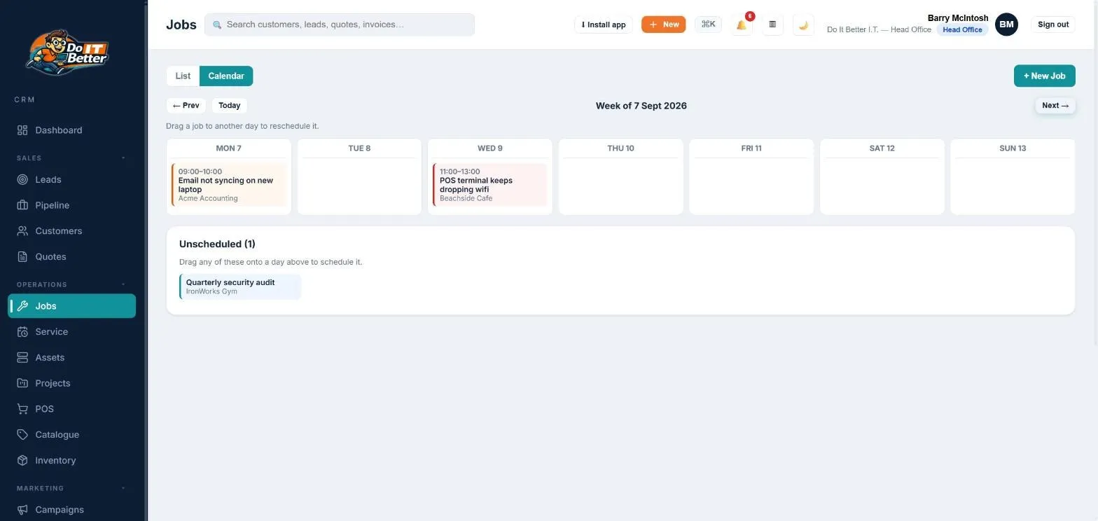 Do It Better platform — jobs & scheduling screen, shown with fictional demo data.